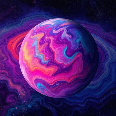 The primary subject of the image is a colorful, swirling, and abstractly painted planet. The setting is a space background, with the planet being the main focus of the image. The visual style is a combination of digital art and illustration, creating a vibrant and dynamic atmosphere. The dominant colors are pink, blue, and purple, giving the image a lively and energetic mood.